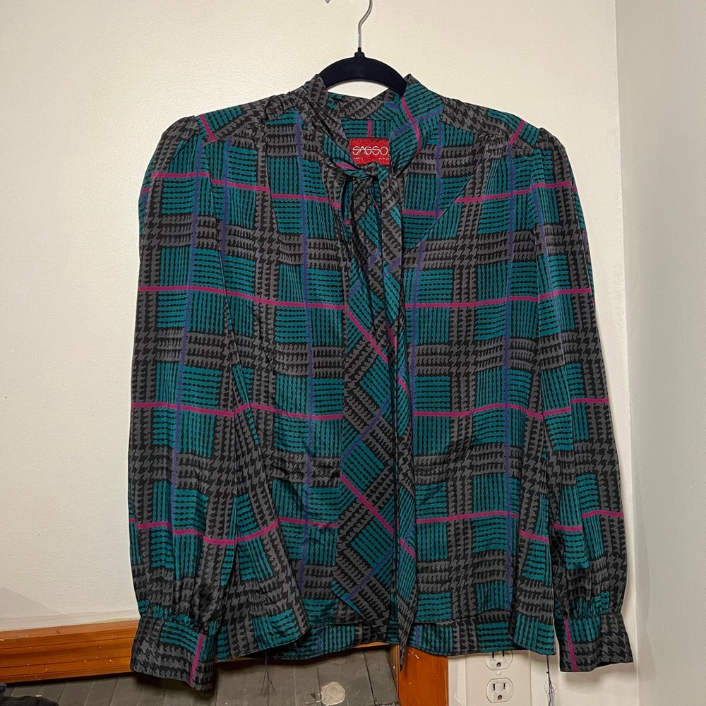 Vintage High Neck Tie Button Down Blouse